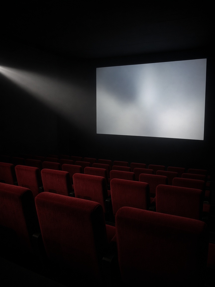 Sala de cine a oscuras, butacas rojas y la luz del proyector