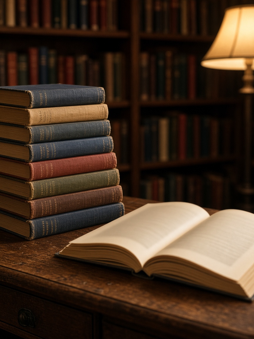 Pila de libros y un libro abierto sobre una mesa de biblioteca
