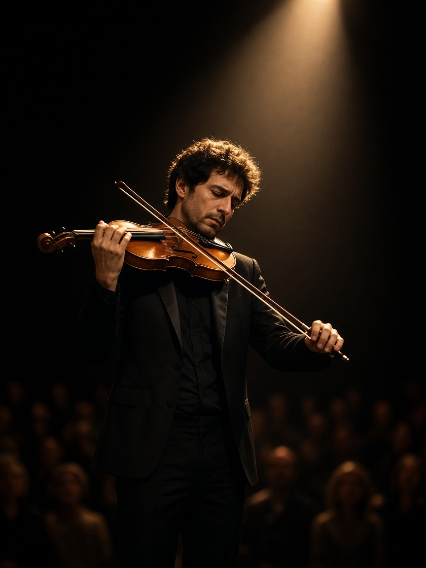Violinista en un escenario, bajo un haz de luz