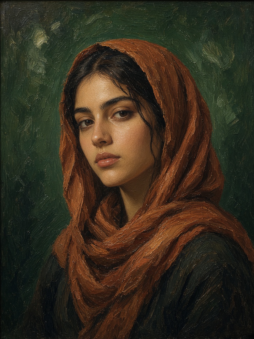 Retrato al óleo de una mujer con pañuelo terracota